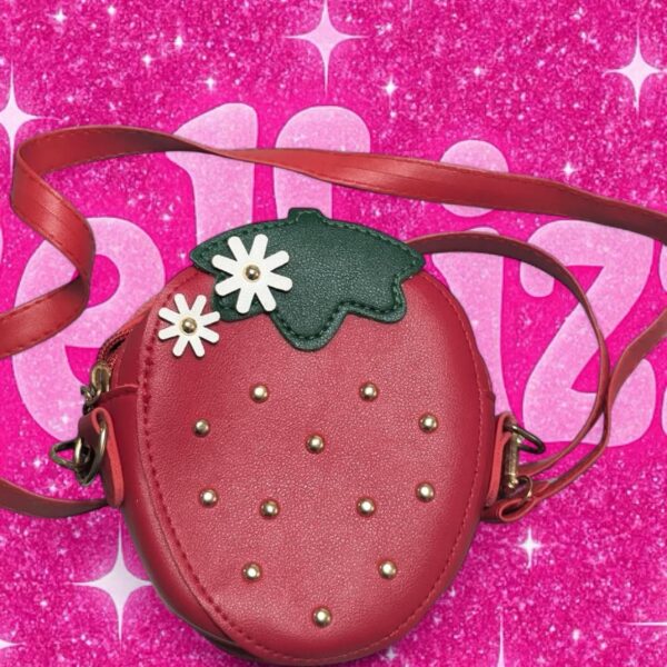 Red strawberry crossbody bag with zip closure