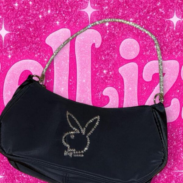 Playboy black and silver shoulder bag with rhinestone bunny