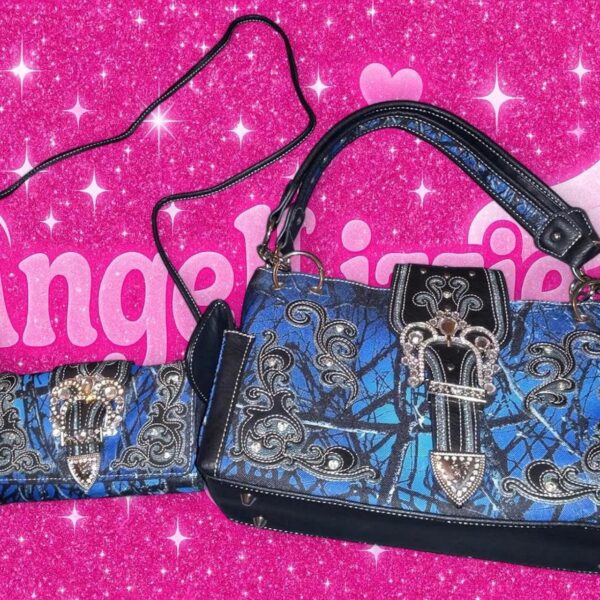 Blue and black camo print western purse with matching wallet